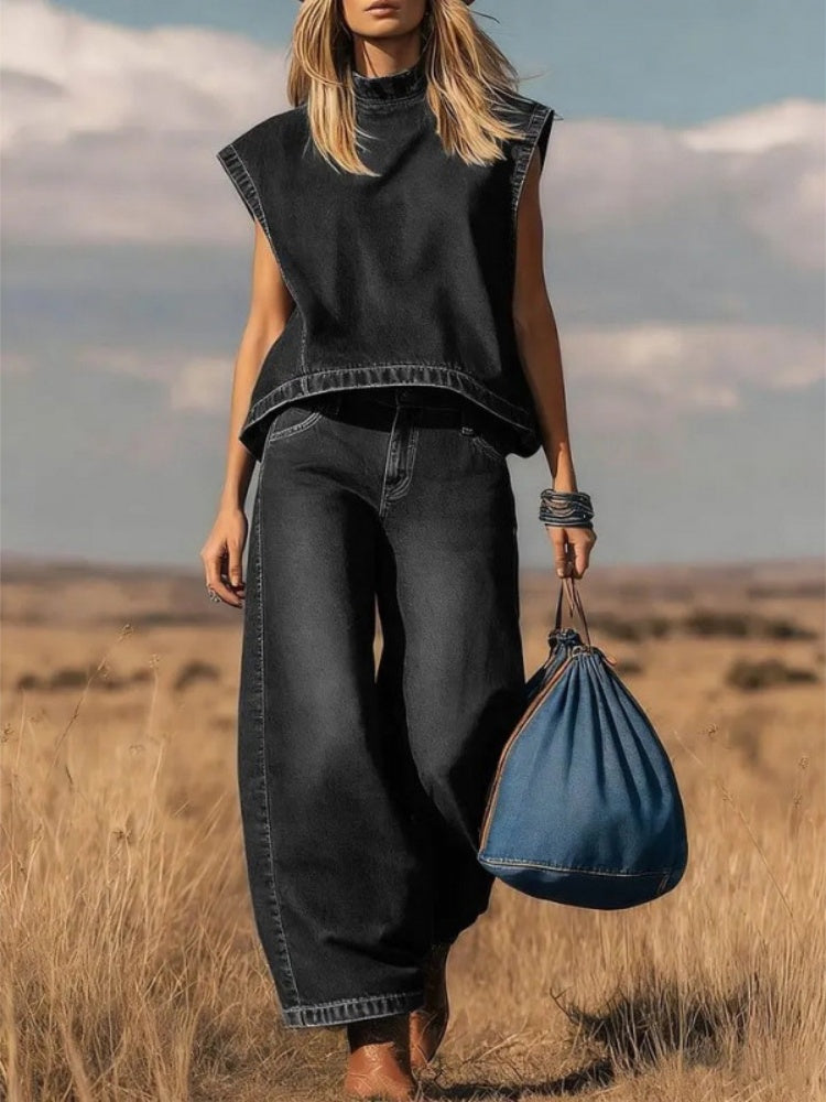 Women's Denim Co-Ord Set - Sleeveless Mock Neck Top & Wide Leg Jeans