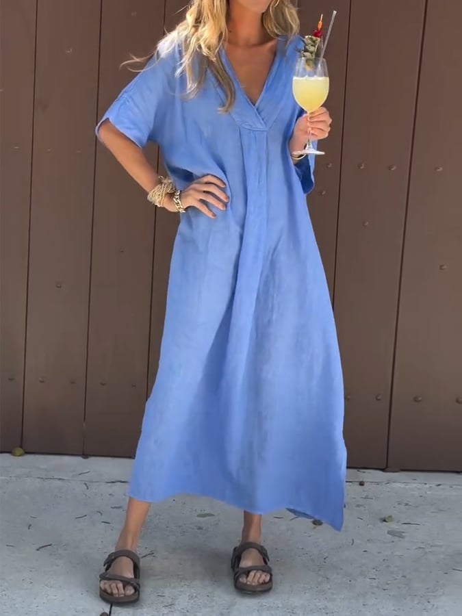 Women'S Casual Solid Color Short-Sleeved V-Neck Cotton And Linen Dress