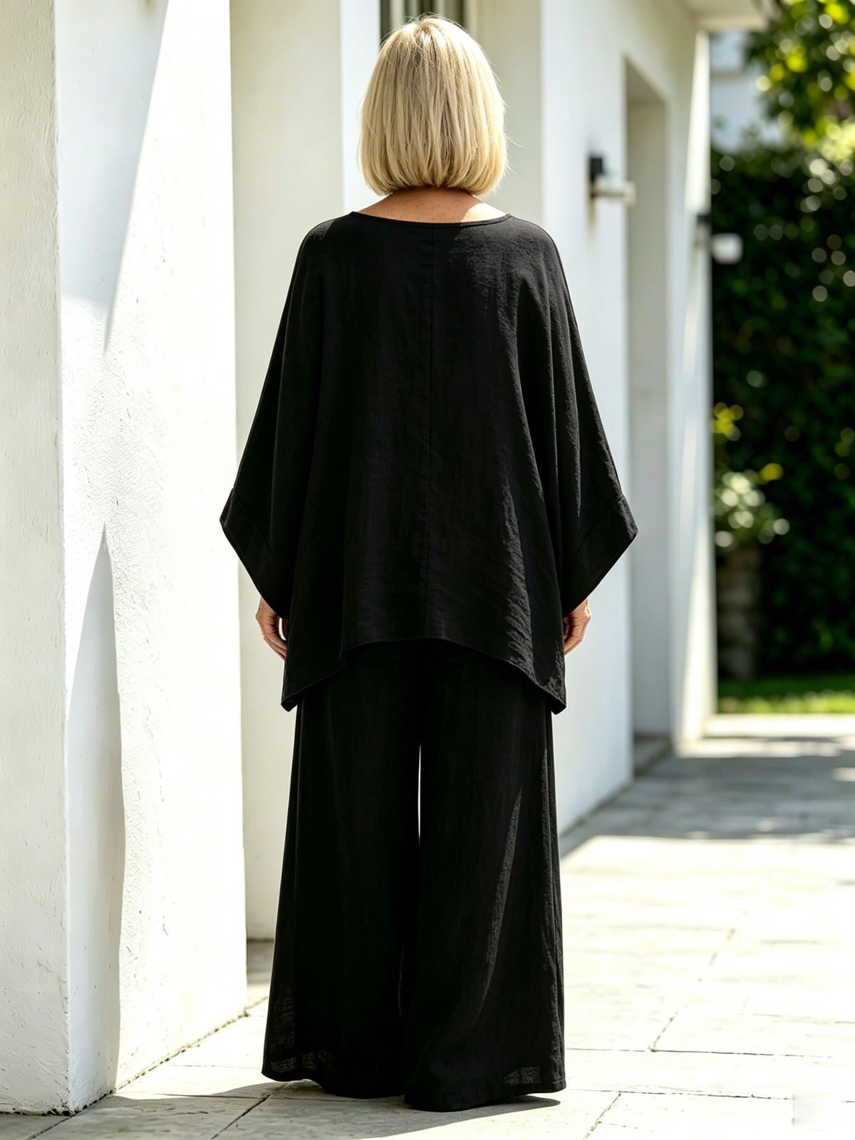 2Pcs Elegant Women Solid Linen‐Blend Two‐Piece Set, Oversized Batwing Sleeve Uneven Hem Tunic Blouse, Breathable Flowy Wide Leg Floor‐Length Pants, Loose Comfortable Casual Co‐ord Suit for Beach Holiday Daily Street Wear