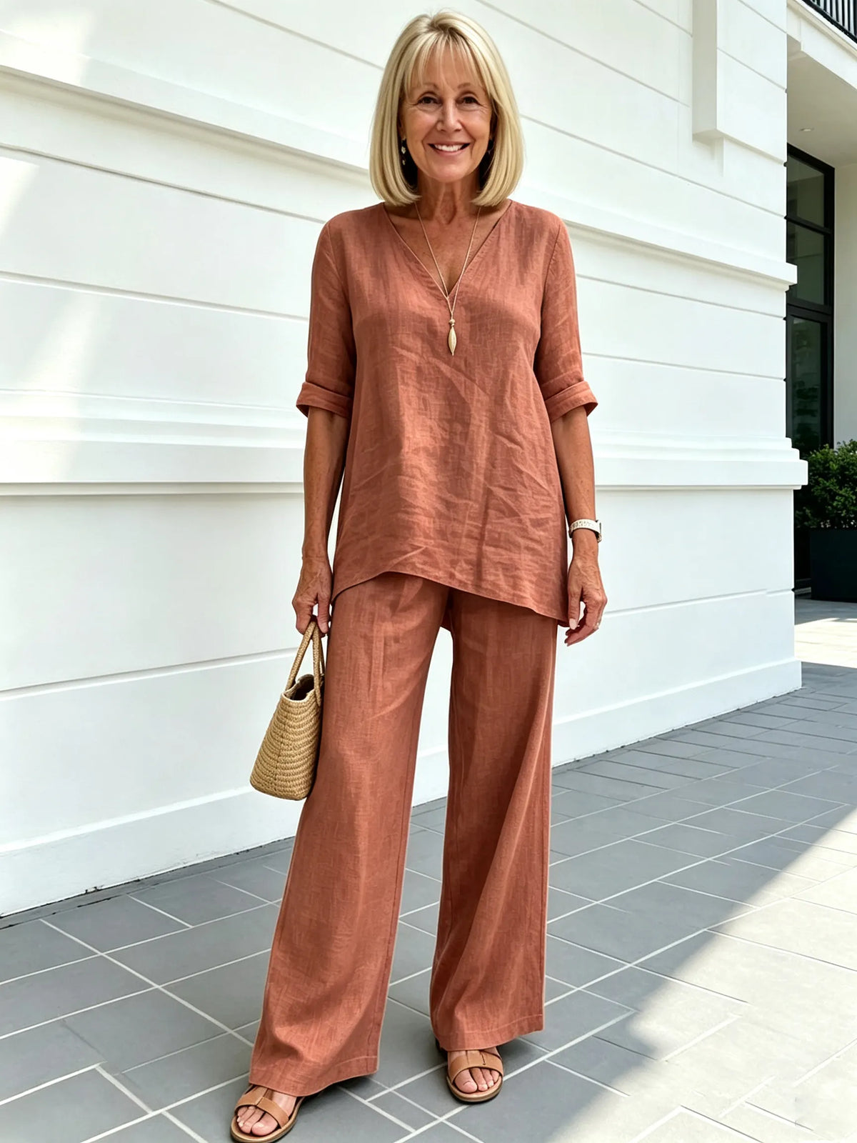 Casual Cotton and Linen Solid Color Fashion Casual Medium Sleeve V-neck Top Set