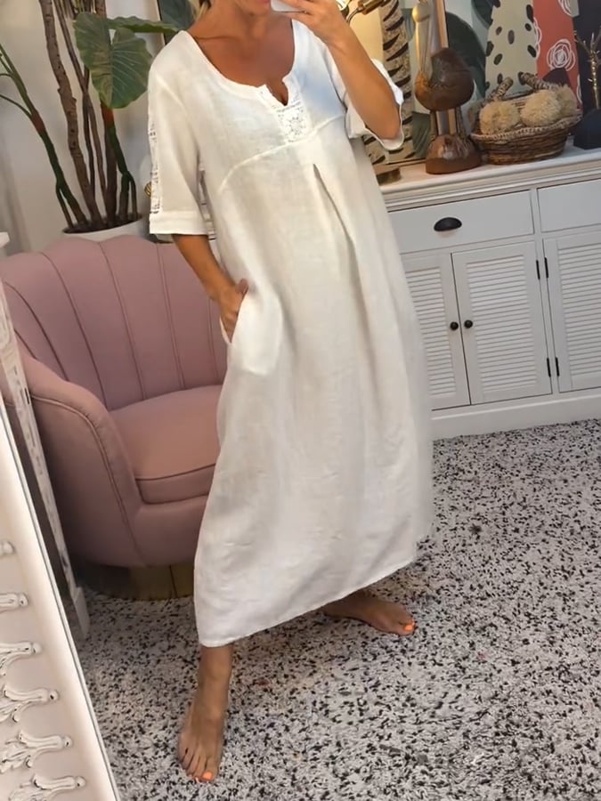 Women's Solid Color V-Neck Hollow Splicing Loose Dress