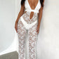 See Through White Lace V Neck Cutout Sleeveless Jumpsuit