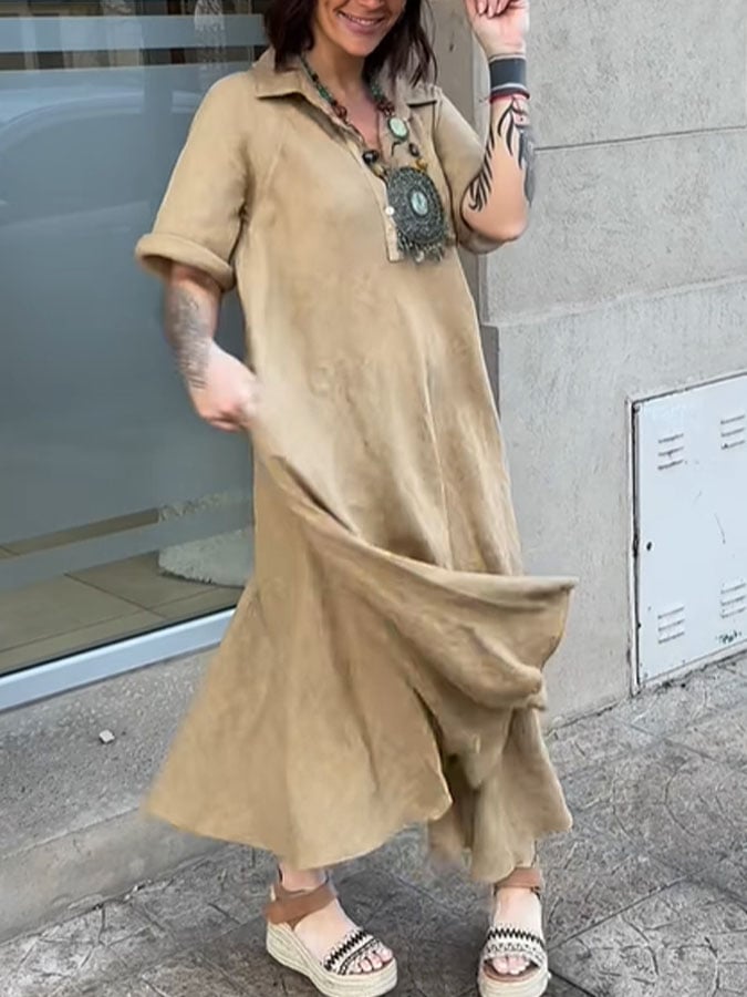 Women's Casual Solid Lapel Button Cotton Dress