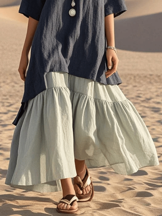 Women's V-Neck Contrast Color Cotton Vacation Dress