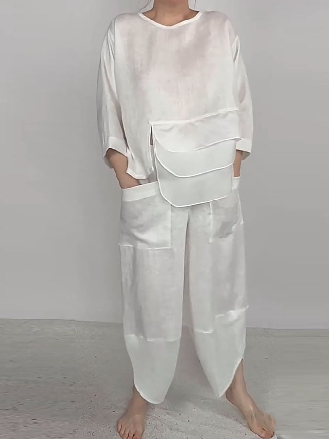 Women's Casual Solid Color Round Neck Long Sleeve Spliced Tops and Pants Two-piece Set