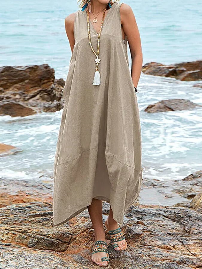 Women's Casual Solid Color V-Neck Pocket Dress