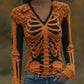 Women's Halloween Skeleton Bones With Roses Art Casual Long Sleeve V Neck T-shirt