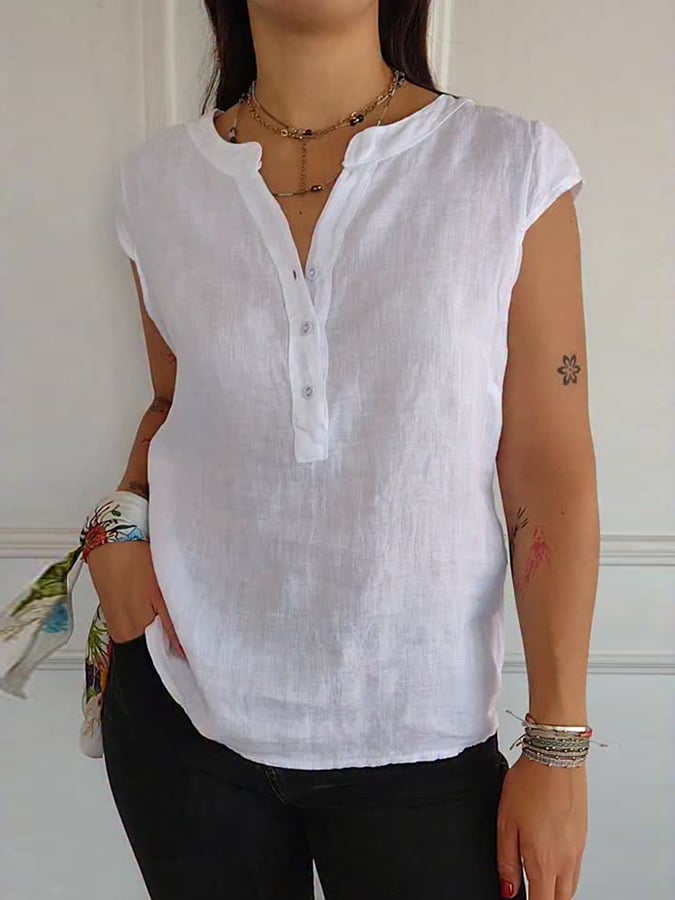 Women'S Casual Half-Button Sleeveless Cotton And Linen Top