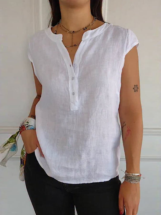 Women'S Casual Half-Button Sleeveless Cotton And Linen Top