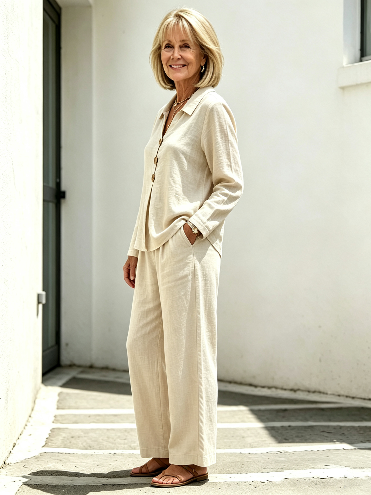 2 Piece Casual Outfit Set, Polo Collar Long Sleeve Button Front Blouse, Loose Solid Color Top, Elastic High Waist Wide Leg Trousers, Full Length Palazzo Pants, Soft Lightweight Textured Fabric, Relaxed Fit Matching Suit for Daily Wear, Vacation and Commut