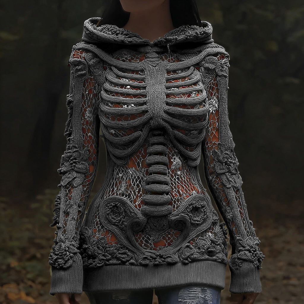 Vintage Halloween Anatomy And Rose Art Knit Hooded Sweater