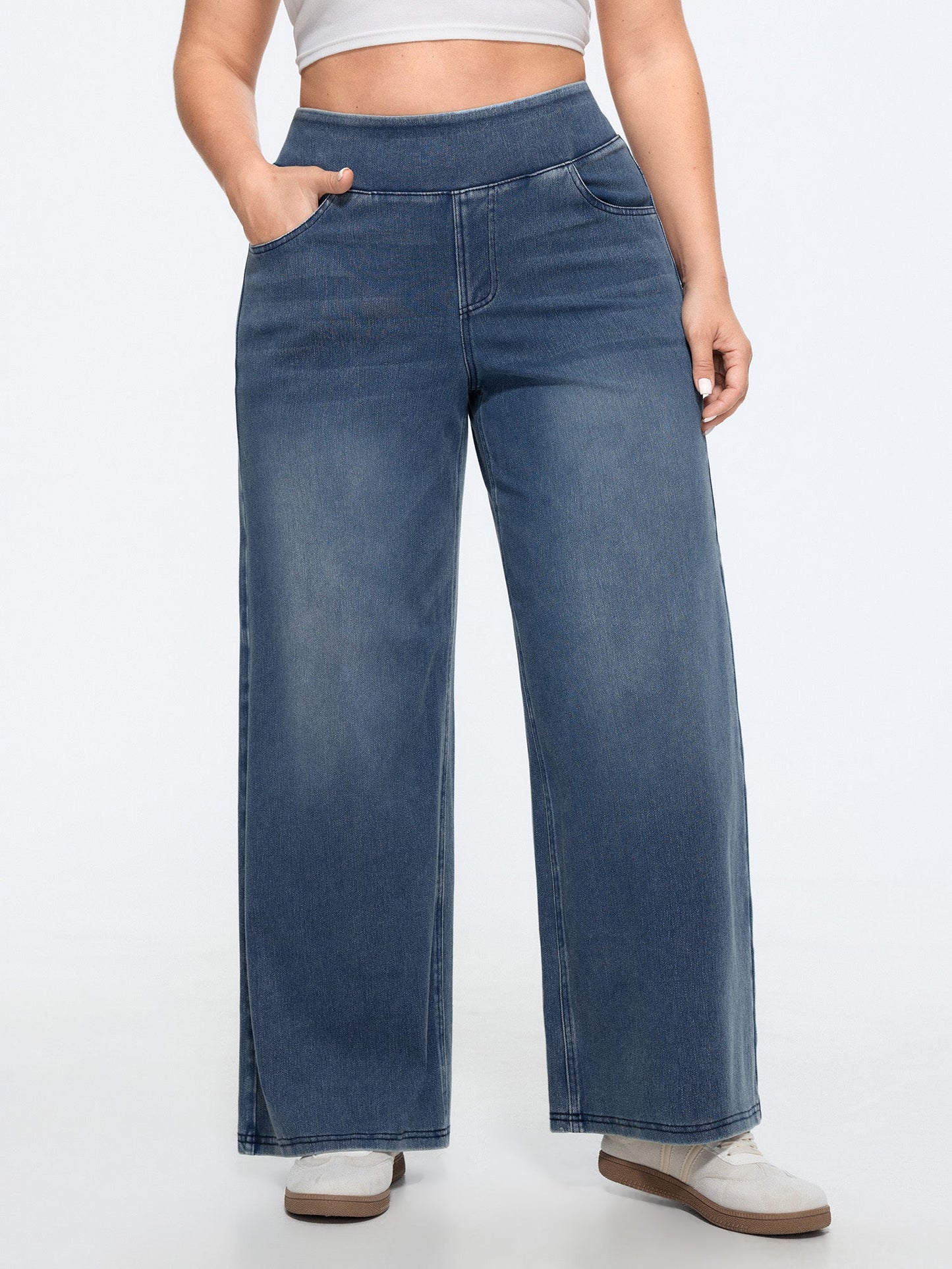 Stretchy Pull-On Wide-Leg Knit Jeans