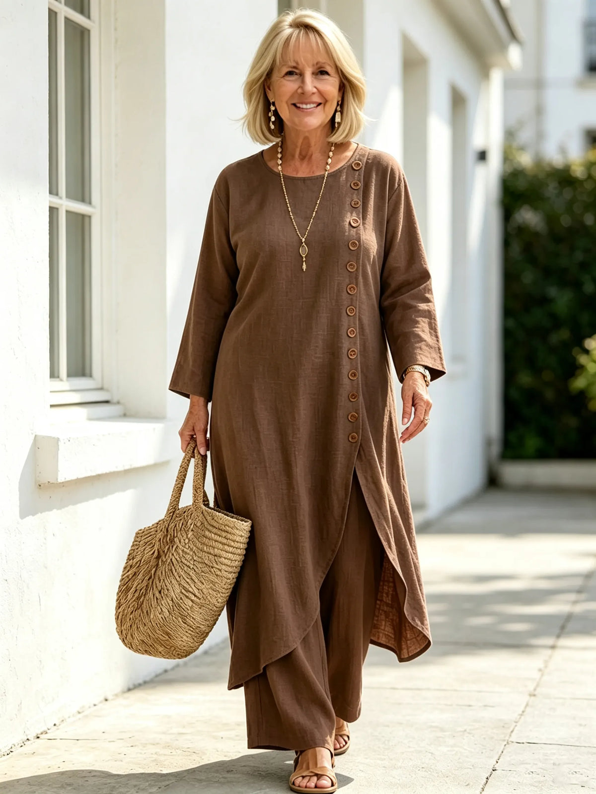 Casual Linen Long Irregular Single-breasted Top and Trousers Two-piece Set