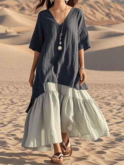Women's V-Neck Contrast Color Cotton Vacation Dress