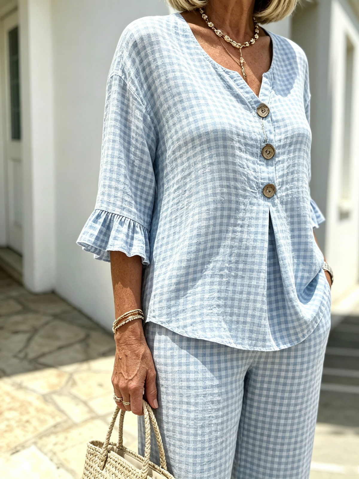Women Elegant Linen Blend Plaid Two-Piece Casual Pant Set, Woven Textured Gingham Check Pattern Matching Outfit, Notch V-Neck Three Wooden Button Front Top With Ruffle Flared 7/4 Length Bell Flounce Sleeves, Loose High Waist Wide Leg Full Length Trousers
