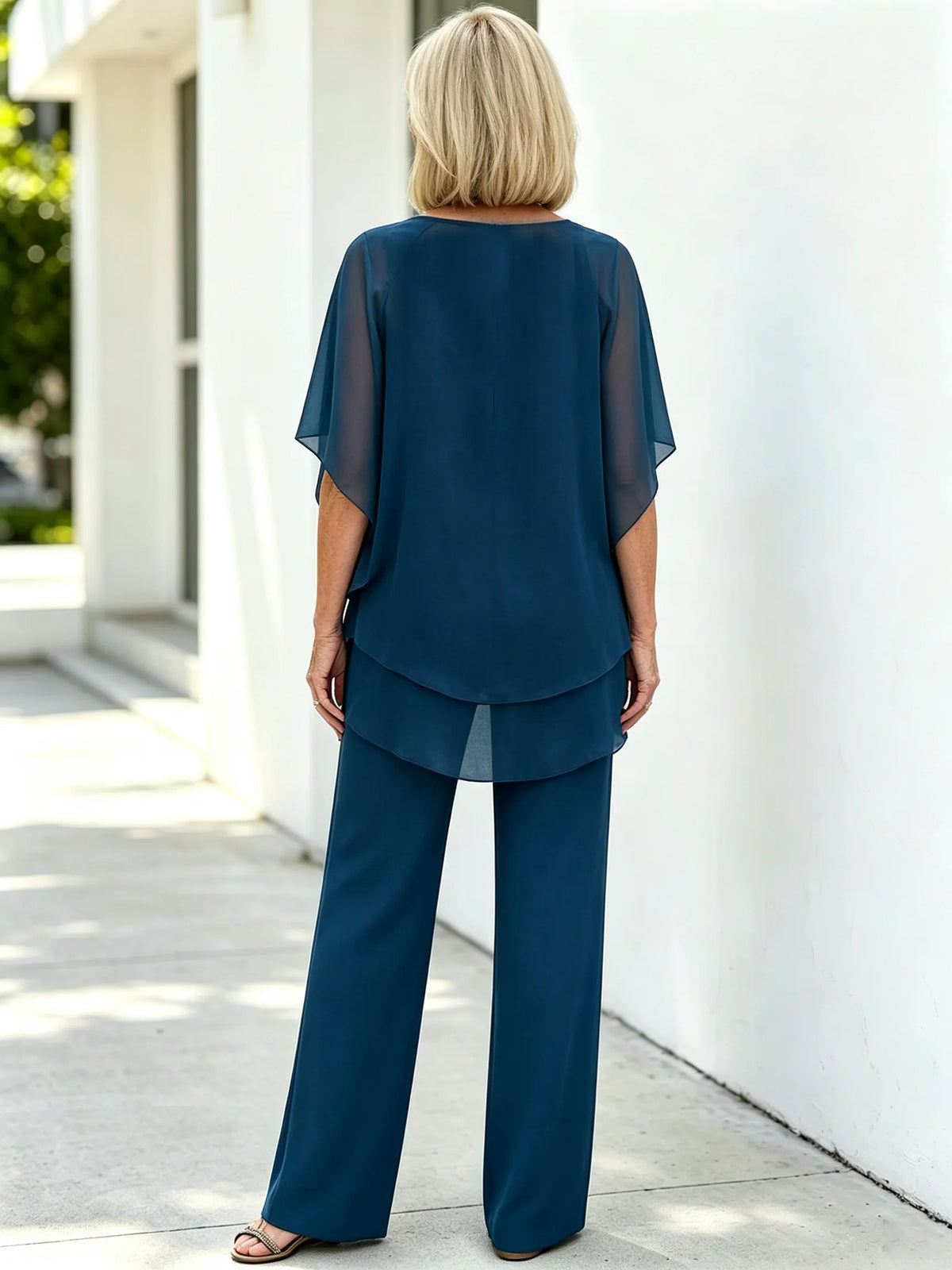 2 Piece Pant Set, Round Neck Keyhole Cutout Chiffon Cape Top, Irregular Layered Hem, Loose Flowy Batwing Sleeves, High Waist Straight Wide Leg Trousers, Lightweight Sheer Fabric, Elegant Outfit Set for Wedding Guest and Formal Occasions