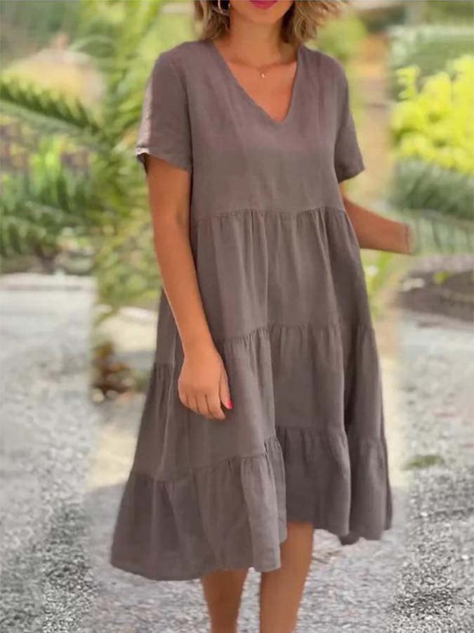 Ladies Solid Color V-Neck Wide Swing Casual Dress