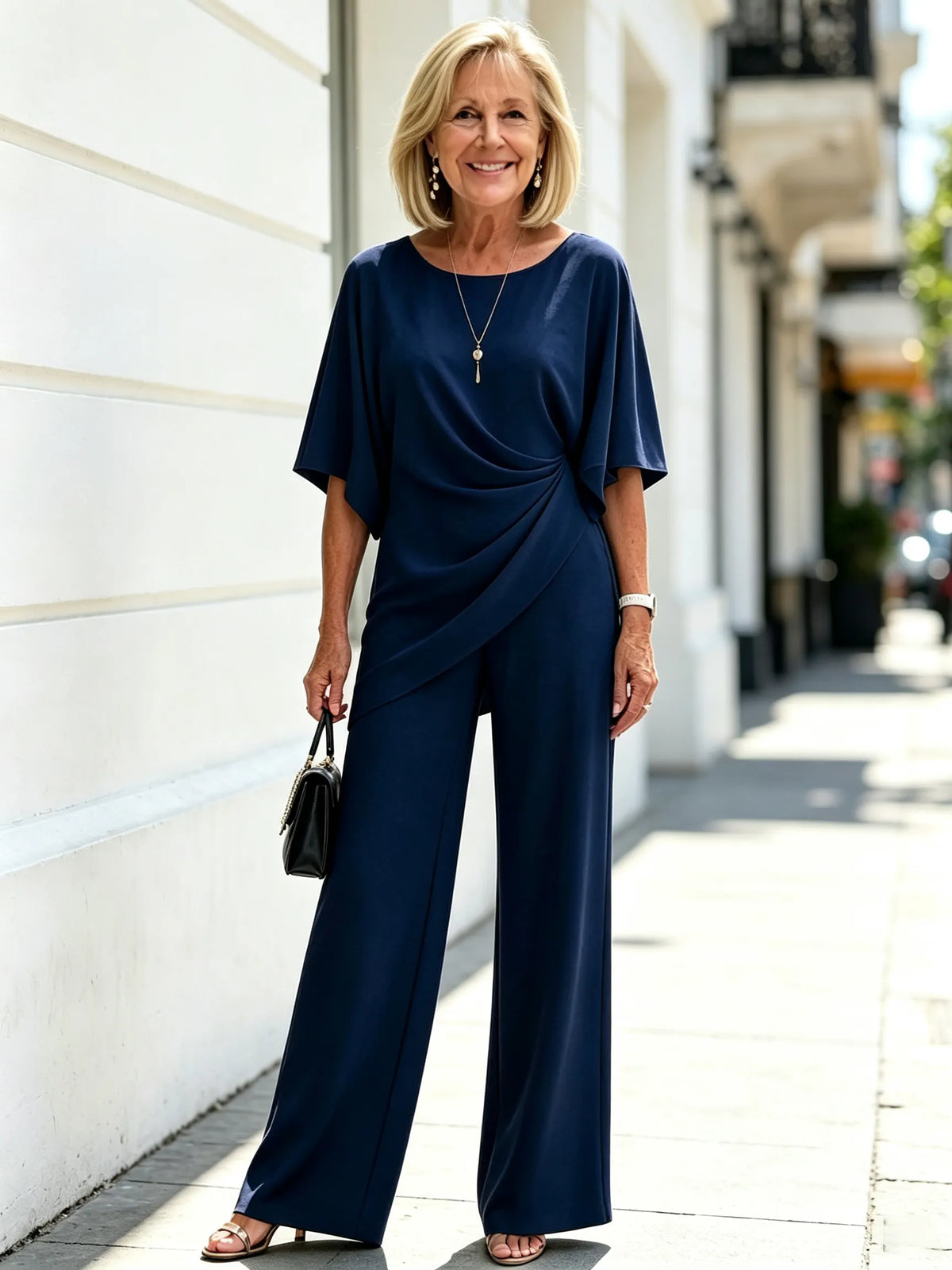 2 Piece Outfit Set, Boat Neck Dolman Short Sleeve Wrap Draped Top, High Waist Wide Leg Long Trousers, Smooth Soft Fabric, Elegant Tailored Pant Suit, Suitable for Banquet, Wedding, Party and Daily Commuter Occasions