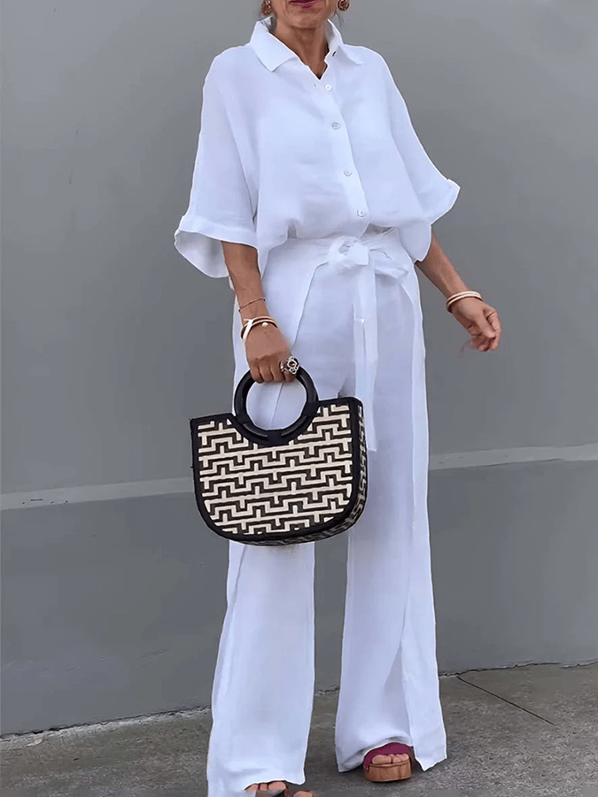 Women'S Casual Single-Breasted Shirt + Characteristic Strappy Wide-Leg Pants Suit