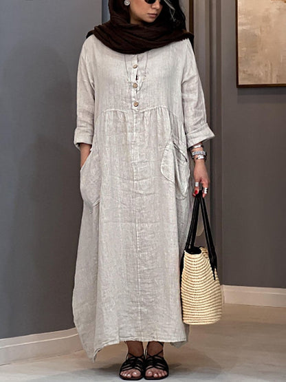 Women's Casual Solid Color Round Neck Long Sleeve Button Dress