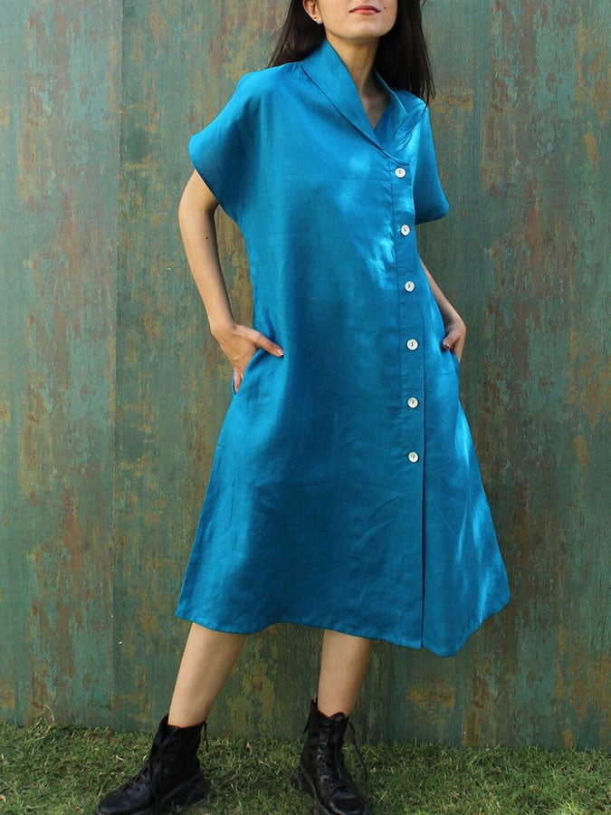 Ladies Casual Solid Color Cotton And Linen Lapel Dress