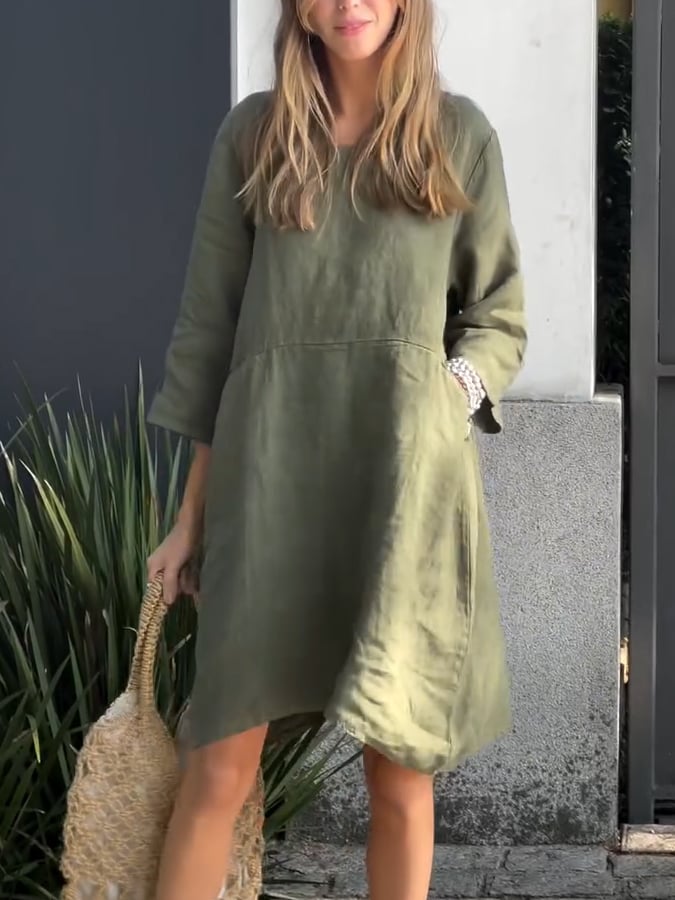 Women'S Casual Solid Color Round Neck Cotton And Linen Dress