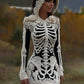 Women's Vintage Halloween Skeleton Bones With Rose Art Cozy Knit Hooded Sweater Dress