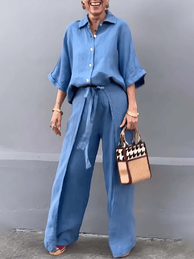 Women'S Casual Single-Breasted Shirt + Characteristic Strappy Wide-Leg Pants Suit