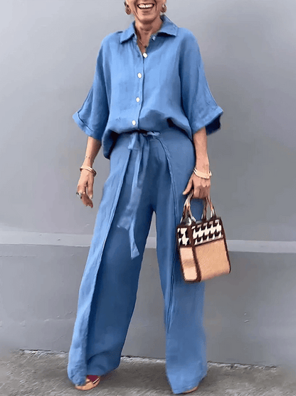 Women'S Casual Single-Breasted Shirt + Characteristic Strappy Wide-Leg Pants Suit