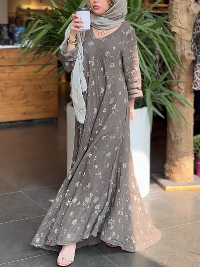 Women's Casual V-Neck Long Sleeve Floral Print Dress