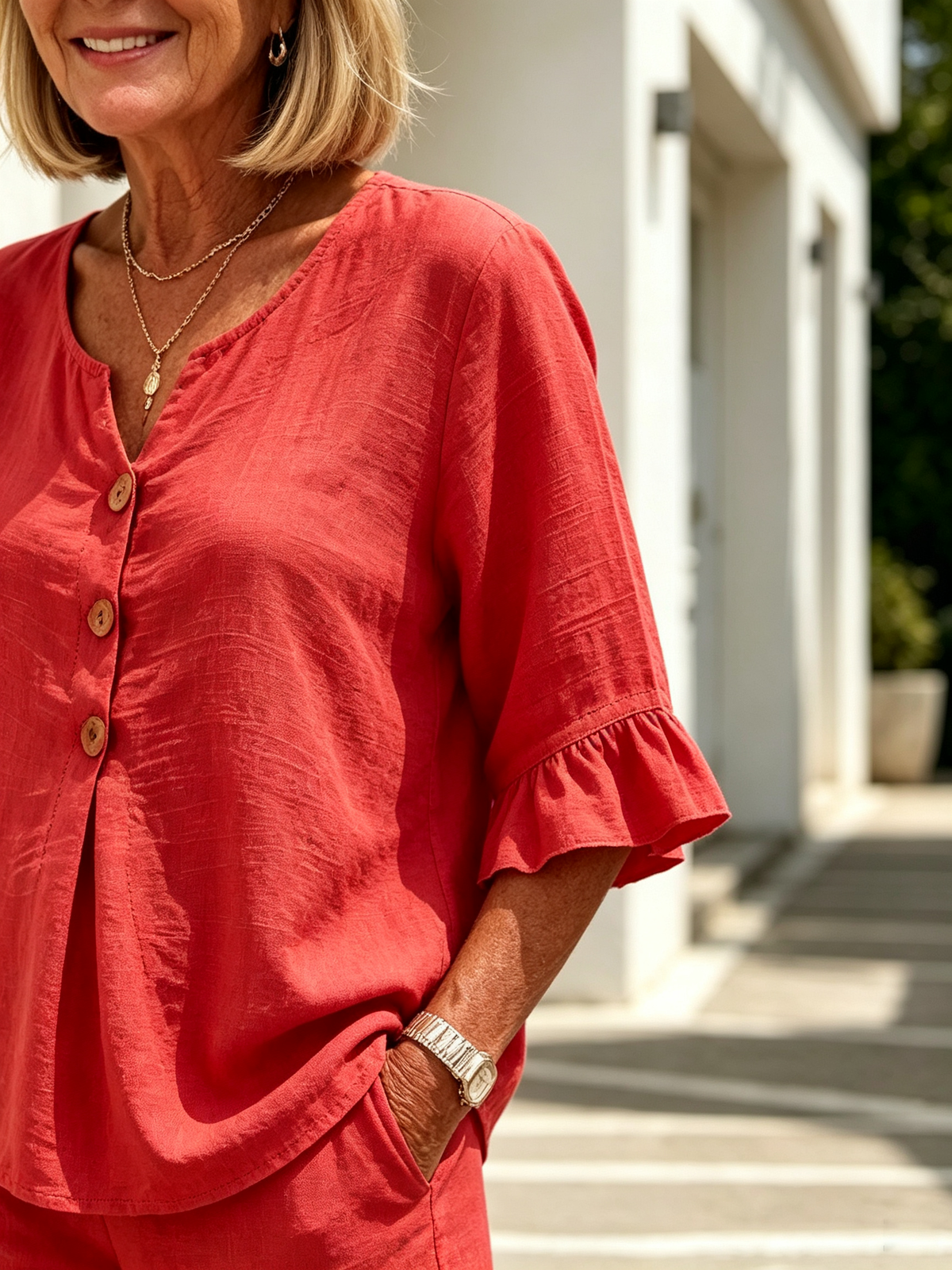 Women Solid Color Casual Shorts Two-Piece Pants Set, Woven Textured Faux Linen Matching Outfit, V-Neck Single Row Wooden Button Blouse With Ruffle Flared 5/7 Length Flutter Sleeves, Loose Relaxed Fit Elastic Waist Knee-Length Bermuda Three Point Shorts Wi
