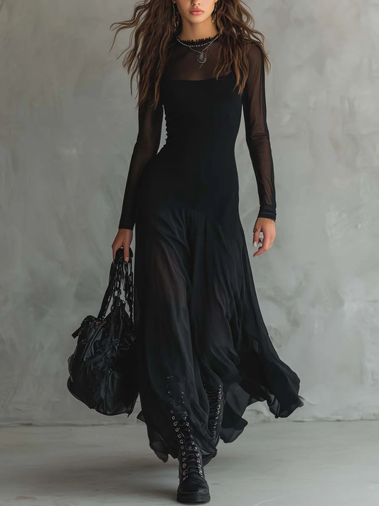 Black Tulle Patchwork Maxi Dress