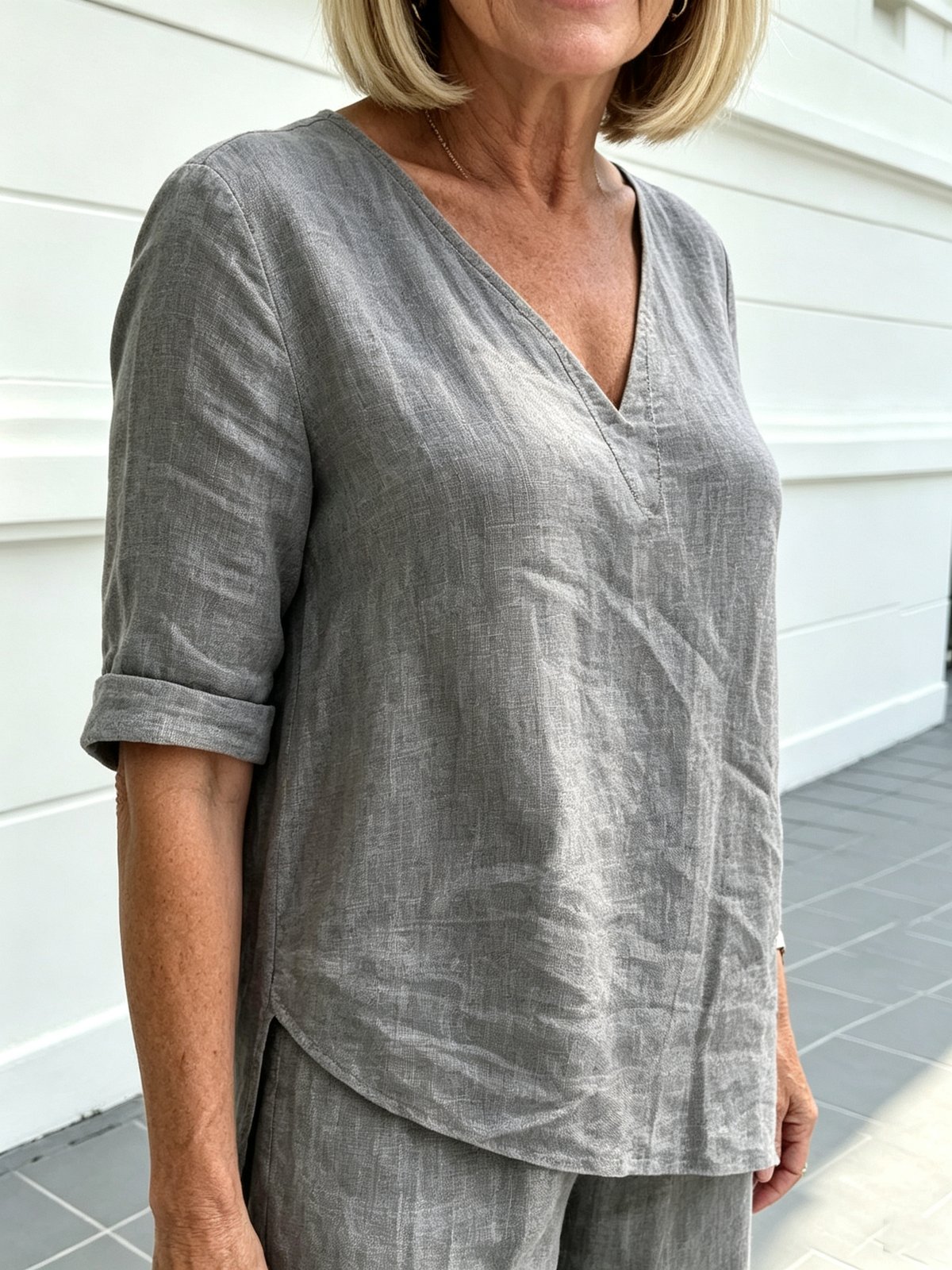 Casual Cotton and Linen Solid Color Fashion Casual Medium Sleeve V-neck Top Set