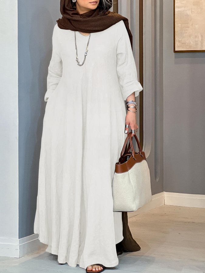 Women's Casual Solid Color V-Neck Long Sleeve Cotton and Linen Dress
