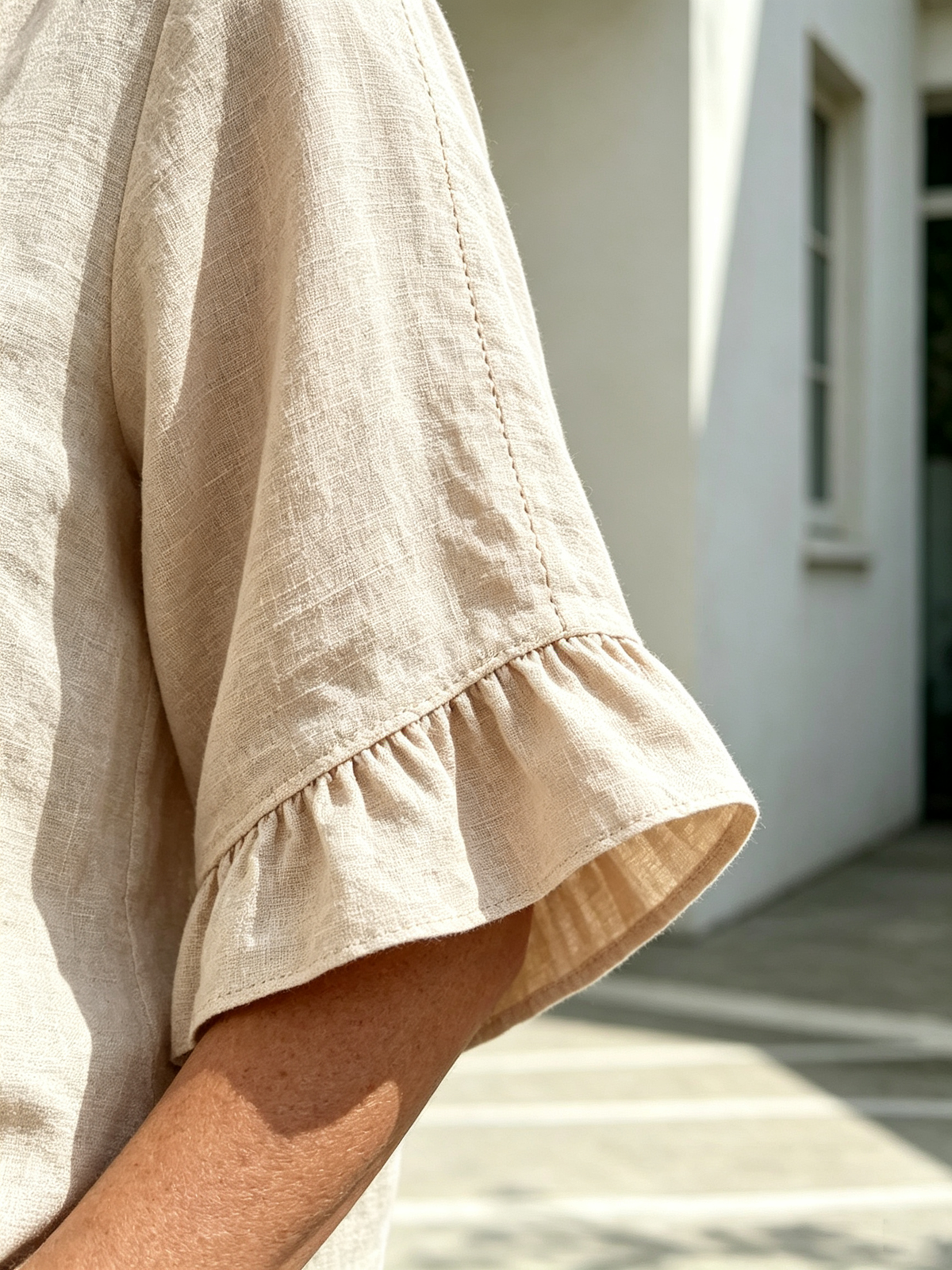 2Pcs Casual Matching Outfit Set, Mandarin Collar Half Button Top, Ruffle Edge Seven-quarter Sleeve Blouse, Solid Lightweight Textured Fabric, Elastic Waist Nine-quarter Jogger Pants with Button Hem Detail, Relaxed Loose Fit Co-Ord Suit for Daily L