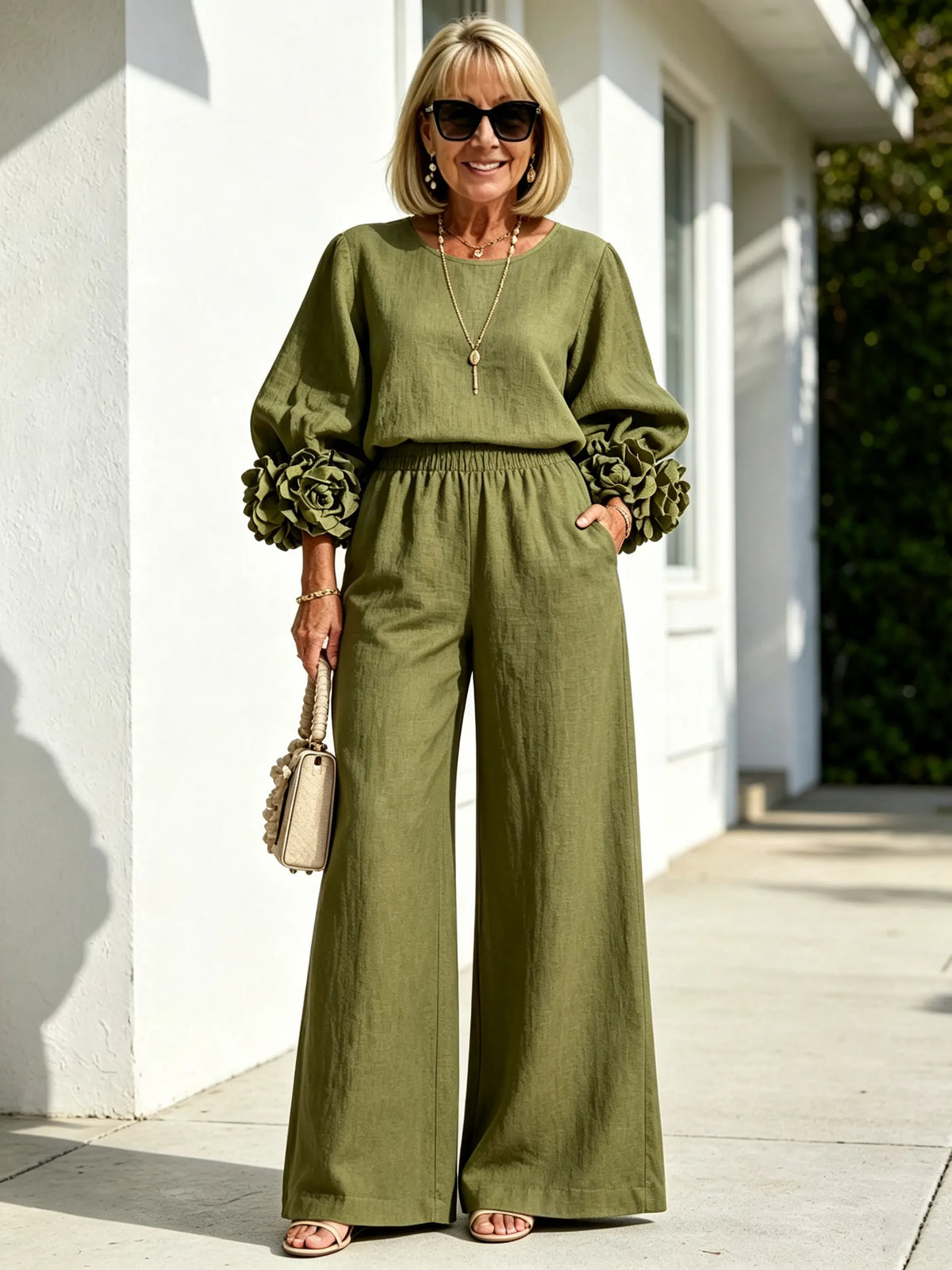 2Pcs Women Solid Color Linen Two Piece Pant Set, Crew Neck Long Sleeve Top with Statement 3D Floral Ruffle Cuffs, Elastic Waist Wide Leg Trousers, Relaxed Fit Matching Outfit for Casual Holiday Daily Outing