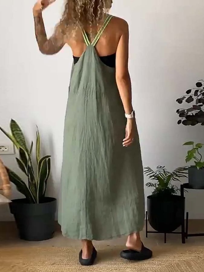 Women's Casual Sling Contrast Color Cotton and Linen Sleeveless Dress