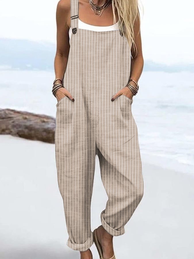 Women's Casual Striped Printed Cotton and Linen Overalls
