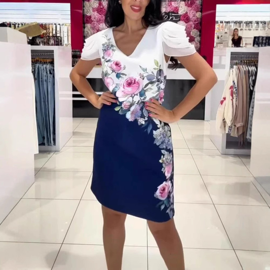 Women's V Neck Rose Irregular Print Dress