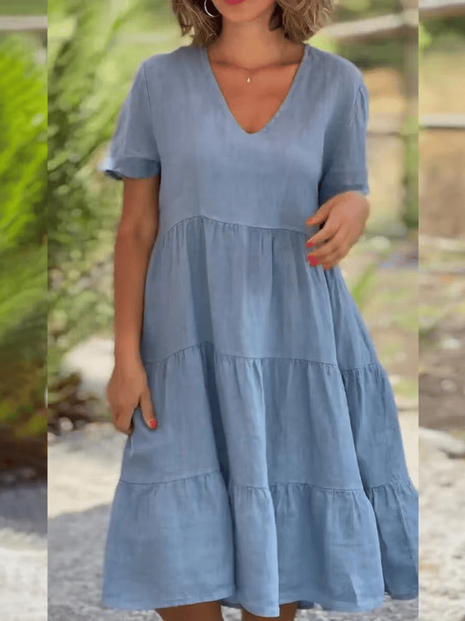 Ladies Solid Color V-Neck Wide Swing Casual Dress