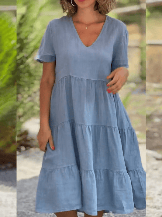 Ladies Solid Color V-Neck Wide Swing Casual Dress