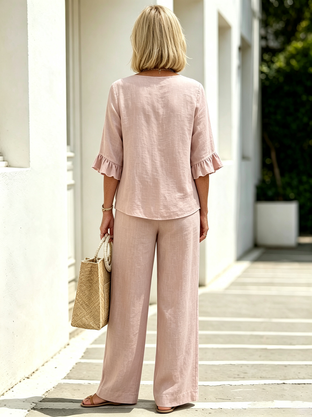 Women's Casual Button V-Neck Ruffle Women Summer Linen Two-Piece Outfit Set, V-Neck Wooden Button Front Ruffle 3/4 Sleeve Loose Casual Top & Matching Wide Leg Long Pants, Lightweight Breathable Textured Fabric High-End Seven-Sleeve Linen Top Two-piece Set