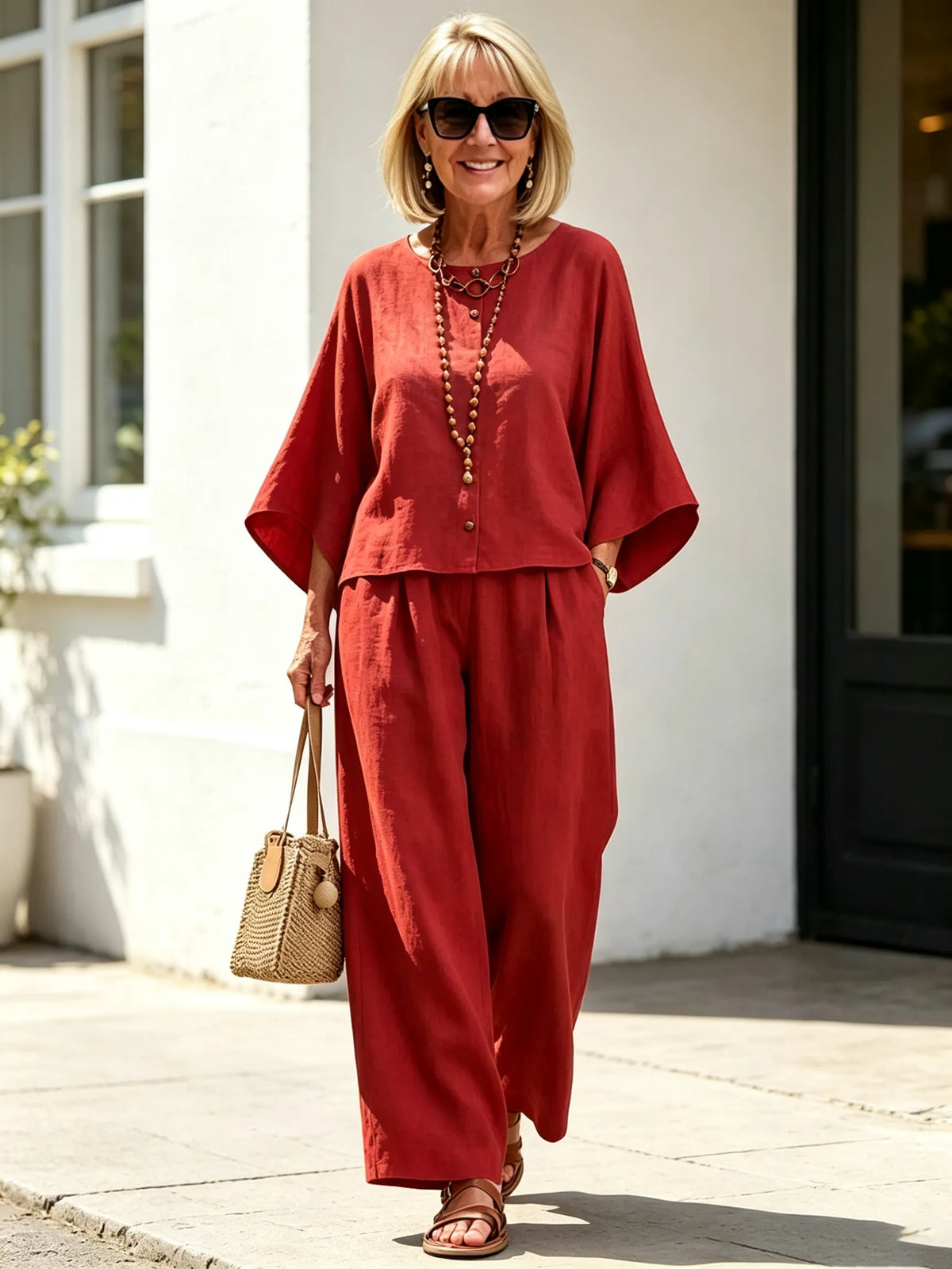 2Pcs OL style temperament women's clothing collage cotton and linen seven-quarter sleeve set size supply