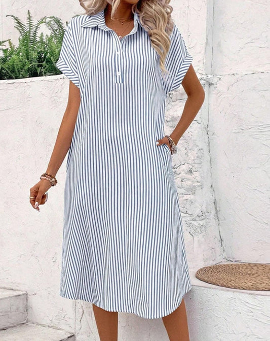 Women's Casual Lapel Short Sleeve Striped Print Short Sleeve Dress