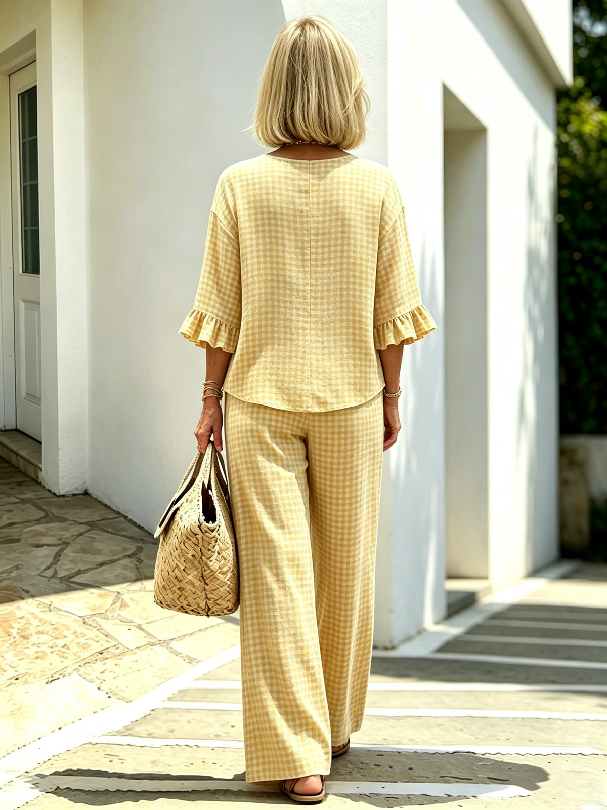 Women Elegant Linen Blend Plaid Two-Piece Casual Pant Set, Woven Textured Gingham Check Pattern Matching Outfit, Notch V-Neck Three Wooden Button Front Top With Ruffle Flared 7/4 Length Bell Flounce Sleeves, Loose High Waist Wide Leg Full Length Trousers