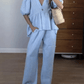 Women'S Solid Color Lantern Sleeve Shirt Wide Leg Pants Suit