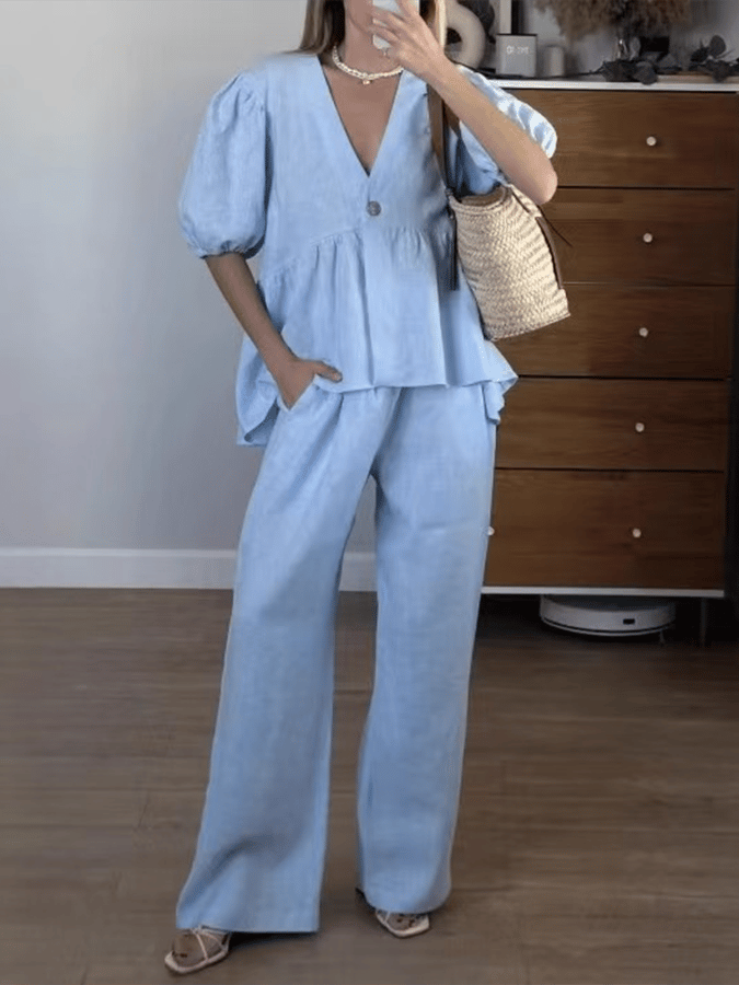 Women'S Solid Color Lantern Sleeve Shirt Wide Leg Pants Suit