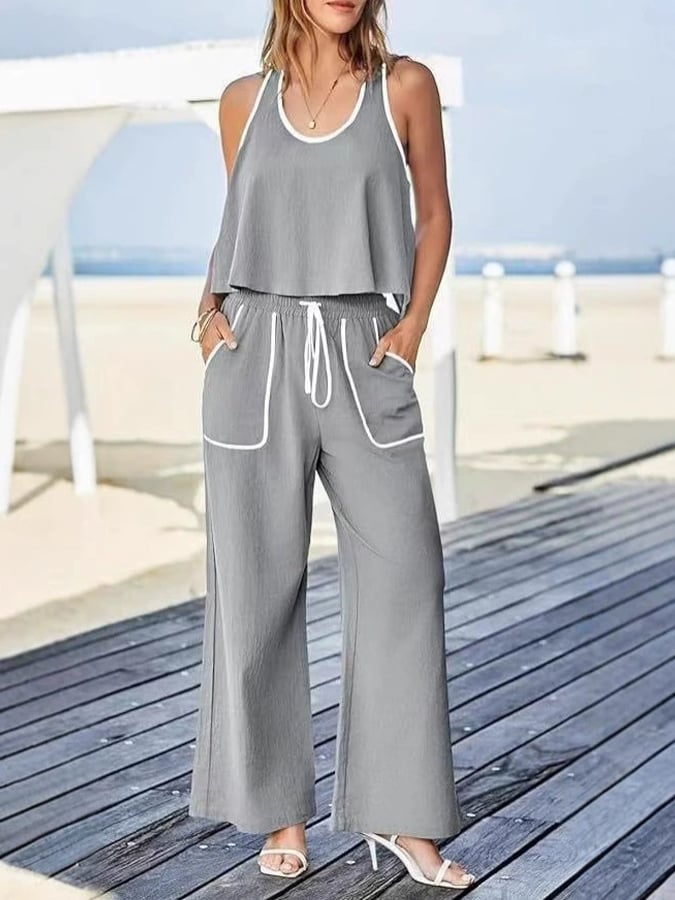 Women's Casual Solid Color Cotton and Linen Loose Vest Contrast Color Two-piece Set