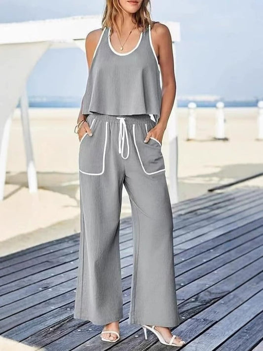 Women's Casual Solid Color Cotton and Linen Loose Vest Contrast Color Two-piece Set