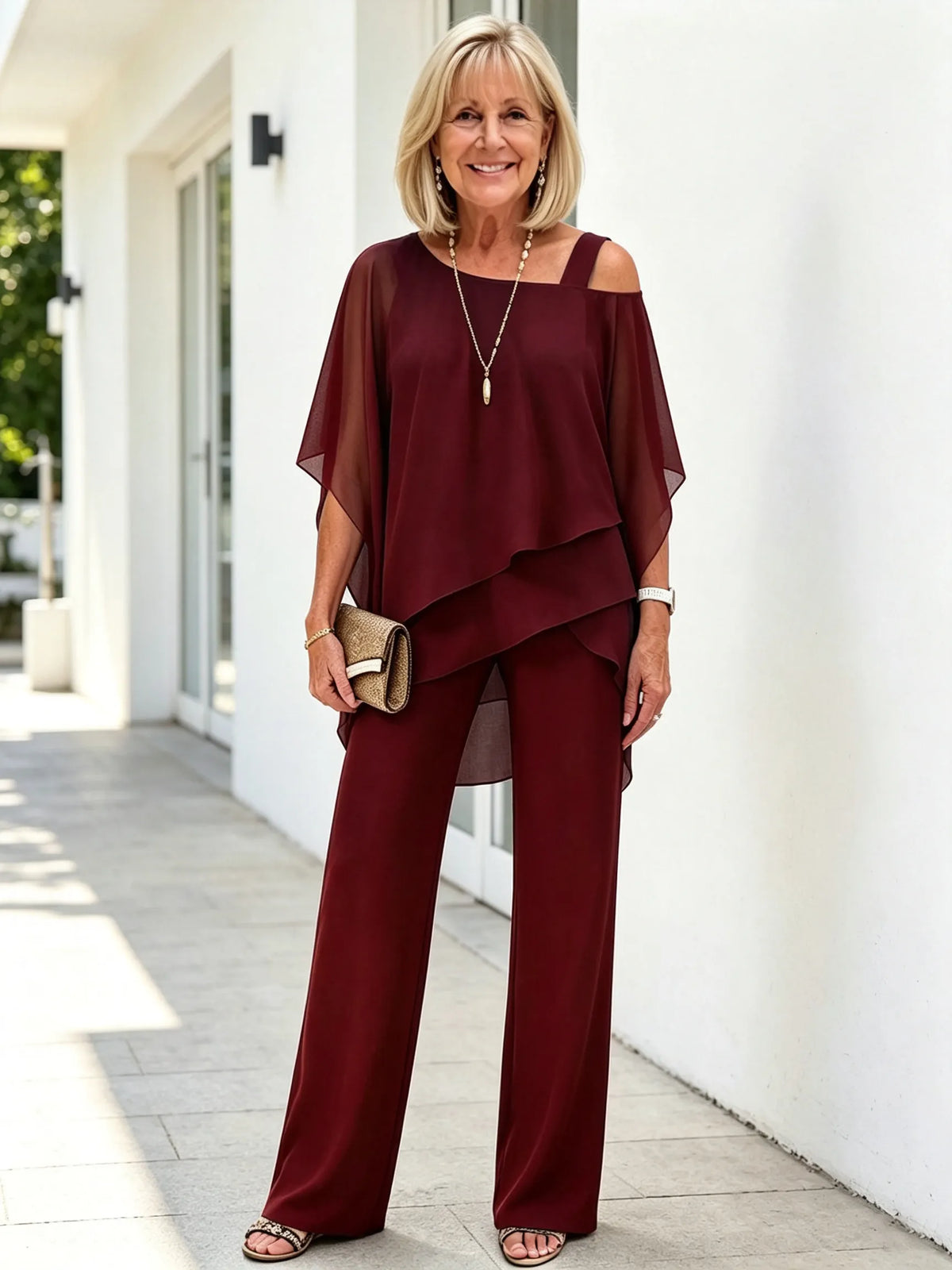 2 Piece Outfit Set, Cold Shoulder Asymmetrical Chiffon Batwing Sleeve Top, Irregular Layered Hem, High Waist Wide Leg Long Trousers, Lightweight Sheer Fabric, Elegant Flowy Pant Suit for Wedding, Banquet and Formal Events